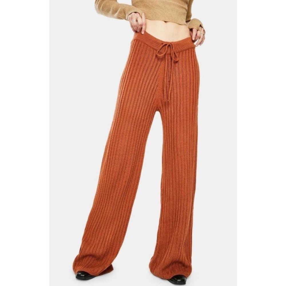 SNDYS Hendrix Ribbed Knit Drawstring Pants Burnt Orange Wide Leg Lounge Pants M - Picture 3 of 9